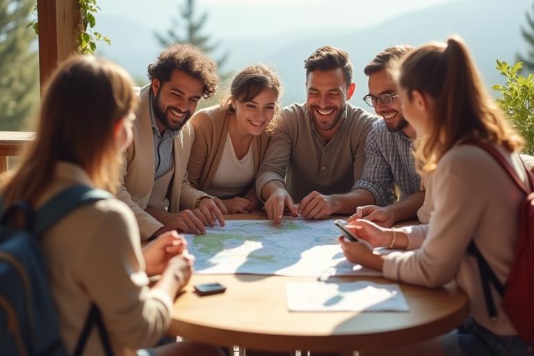 Diverse Gruppe von Reisenden, die auf eine Karte schauen und sich unterhalten.