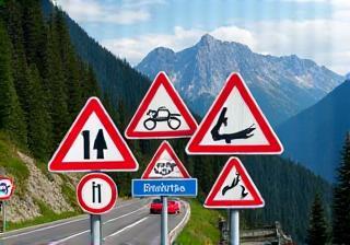 Bild von Schweizer Strassenschildern und Informationen.