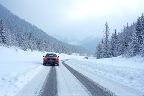 Auto fährt auf einer verschneiten Schweizer Strasse.